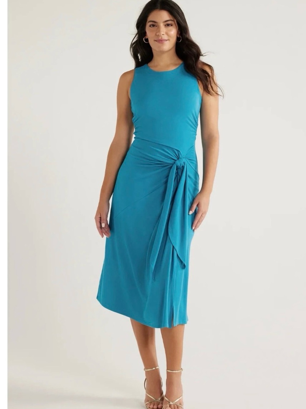 NWT Sofia Vergara Sleeveless Teal Midi Dress with Side Tie Ruched Flattering M
